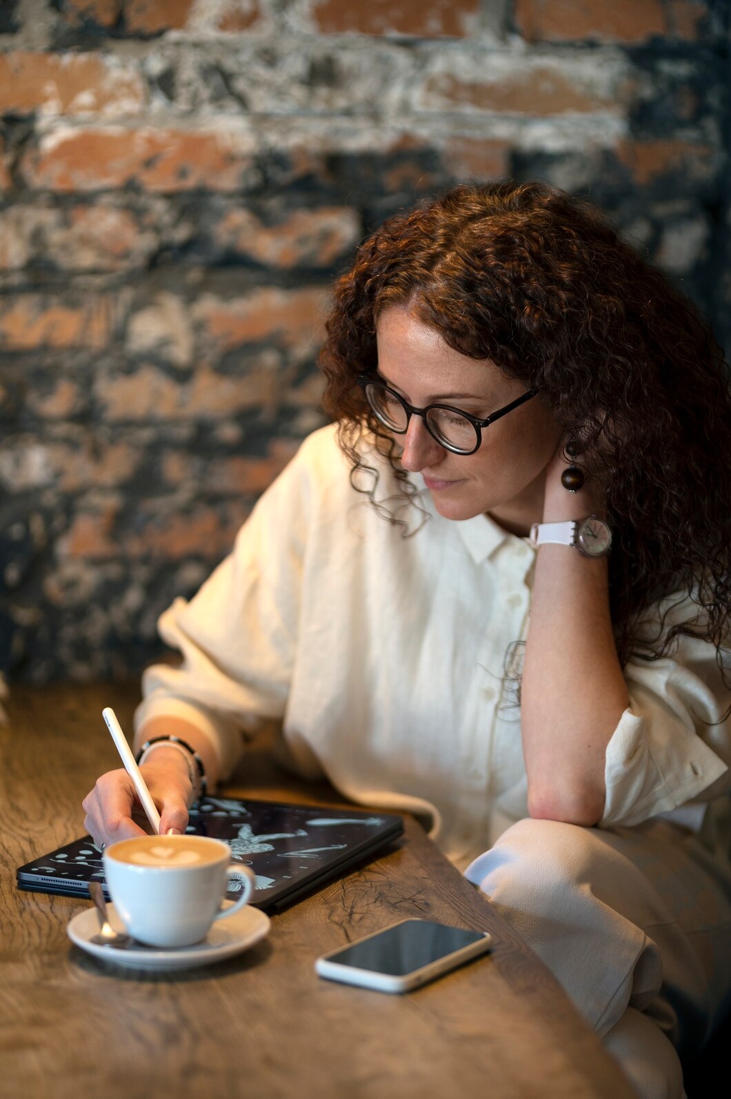 Femme concentrée dans un café, illustrant un bilan neuropsychologique avec le TAT (thematic apperception test, 1959, Murray H.A., L. Bellak) réalisé par Florence Ronco, neuropsychologue à Paris 5.