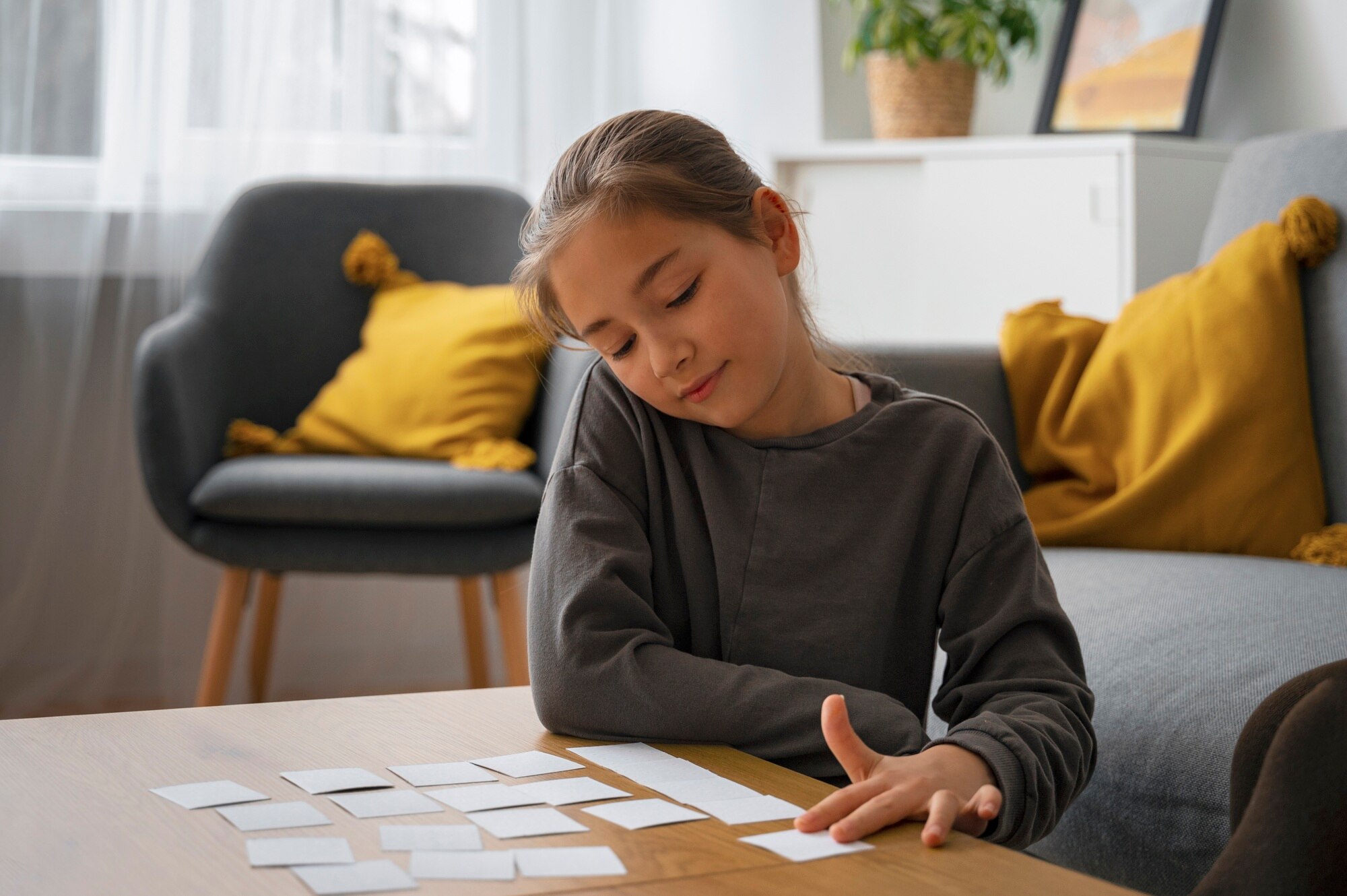 Jeune fille jouant à un jeu de classement de cartes, illustrant un bilan neuropsychologique avec le WCST (Classement des cartes du Wisconsin, 2007) réalisé par Florence Ronco, neuropsychologue à Paris 5.